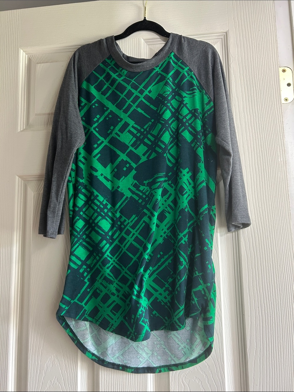 LuLaRoe Green and Gray Long Sleeve Graphic Raglan Top